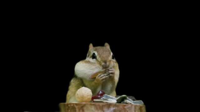 Squirrel stuffing peanuts into its cheeks on a black background
