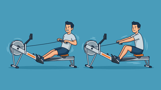 Cartoon Man Doing Rowing Machine Exercise: Start and Finish Poses Vect