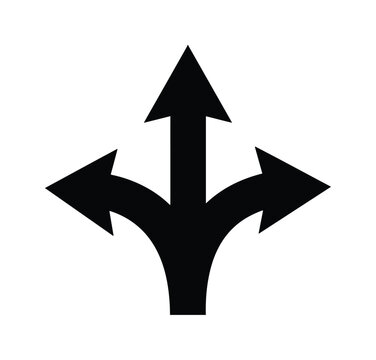 Black three-way arrow icon, multiple direction symbol, decision-making path, branching options, choice concept vector graphic