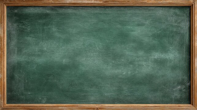 Empty green chalkboard with wooden frame, dusty erased chalk texture on blank blackboard background with wide copy space, classic classroom board or restaurant menu backdrop, education concept 3d rend