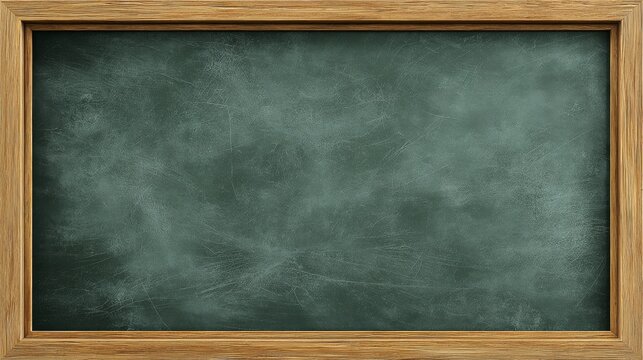 Empty green chalkboard with wooden frame, dusty erased chalk texture on blank blackboard background with wide copy space, classic classroom board or restaurant menu backdrop, education concept 3d rend