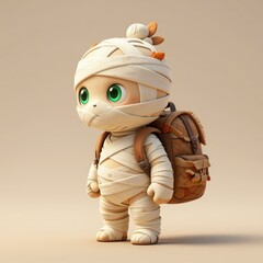 Obraz premium Cute Cartoon Mummy Character with Backpack Standing