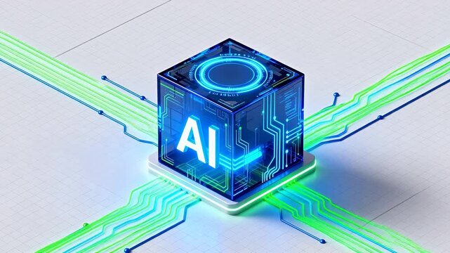 AI cube with glowing circuit lines