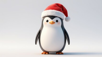 Fototapeta premium Cute Penguin Wearing Red Santa Hat on White Background