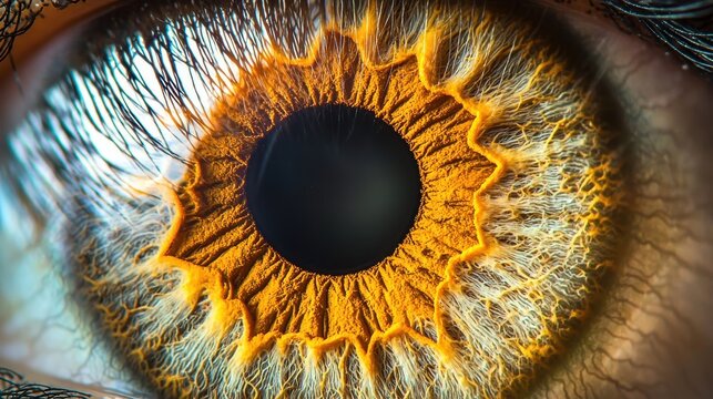 Iris melanin patterns macro photography golden brown pigmentation pupil center radiating natural texture lines fiber geometric formations closeup detail