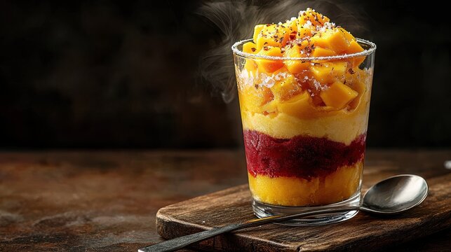 Premium mango chamoyada dessert with distinct layers in clear glass topped with fresh mango chunks and chili seasoning on rustic wooden board