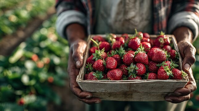 Fresh strawberry harvest in farmer hands with rustic paper punnet and rich red green summer colors
