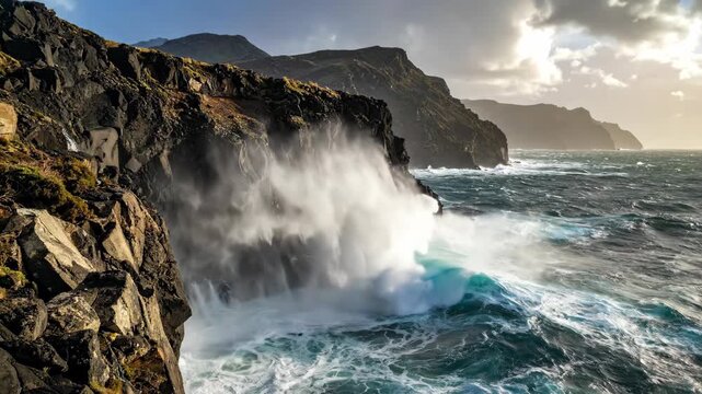 Powerful Ocean Waves Crashing Against Rocky Cliffs During Stormy Weather.