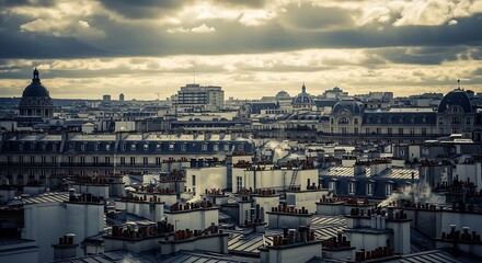 Obraz premium Panoramic cityscape captured from above, revealing the intricate patterns of traditional rooftops and iconic domes beneath a dramatic, cloudy sky