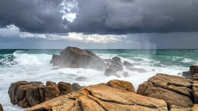 Powerful Ocean Waves Crashing Against Rocky Shore During Stormy Weather.