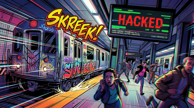 Cyber terrorism strikes subway systems with ransomware as people flee in panic from a hacked train station scene
