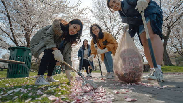 低い視点で捉えた桜後の公園を清掃する20代中東系女性ボランティア