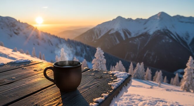 Steaming beverage rests on a wooden surface overlooking snowy mountain ranges at sunrise