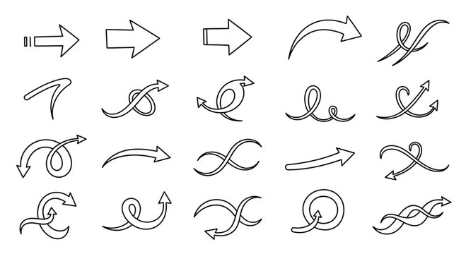 Set of hand drawn sketch arrows collection.