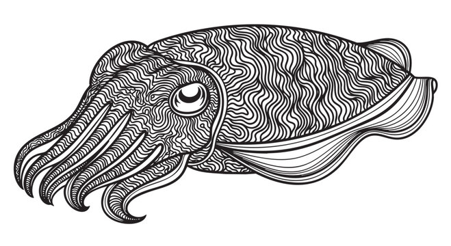 Black and white squid illustration, cephalopod vector, detailed sea creature, ocean animal design