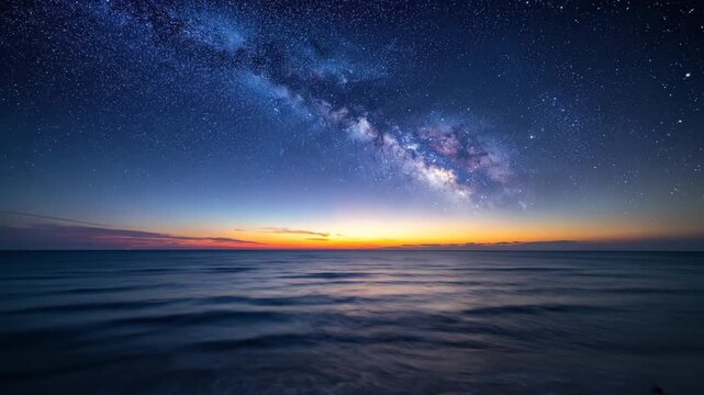 Stunning Night Sky Over Calm Ocean Horizon with Milky Way.