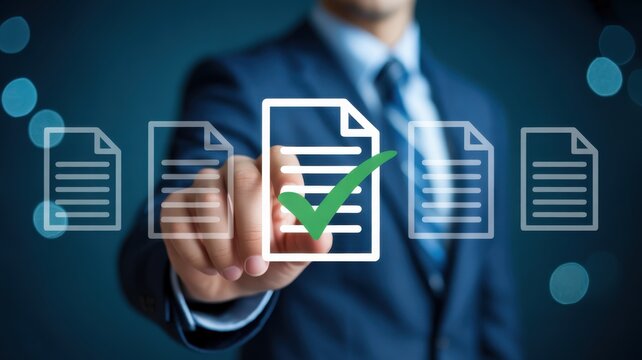 Businessman approving digital document with green checkmark icon in virtual interface