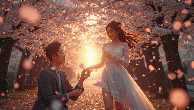 夕暮れの桜並木で緊張してひざまずく20代東アジア人男性と涙の女性