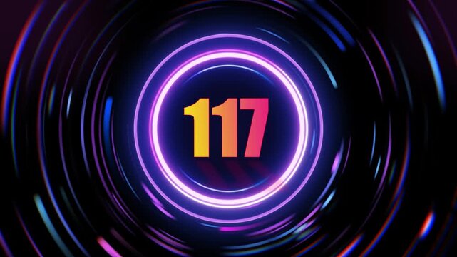 Neon number 117 in purple circle on black background with color changing effect