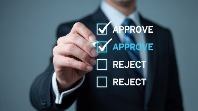 Businessman hand checking approve box on digital interface screen