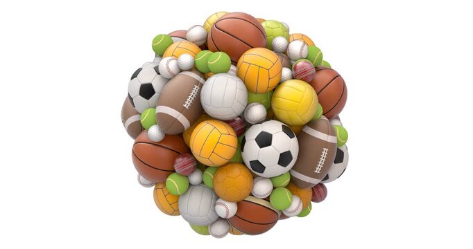 Sports balls rotate in a spherical formation - 3D repeatable animation