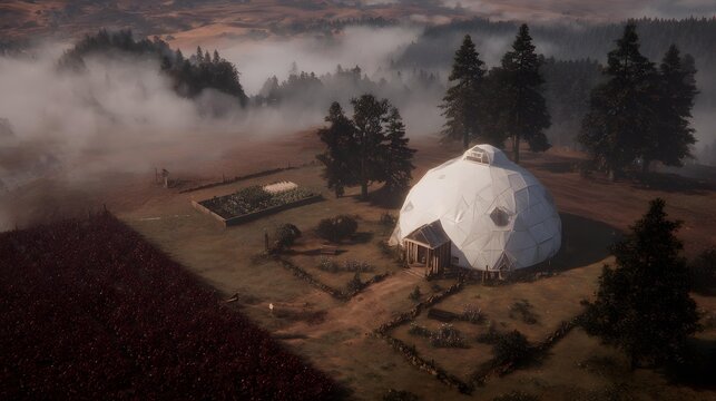 farm village surrounded by wide brown crop fields and intelligent farming systems