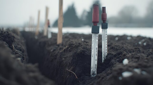 macro of icy soil surface with embedded smart farming sensors