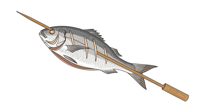 Delicious grilled whole fish served on a long wooden skewer isolated on a white background as a traditional seafood dish illustration.