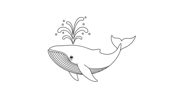 Simple line drawing of a large whale swimming and spouting water from its blowhole shown in a clean black and white outline style.