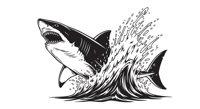 Shark, jumping shark, monochrome illustration, ocean wave, aquatic animal