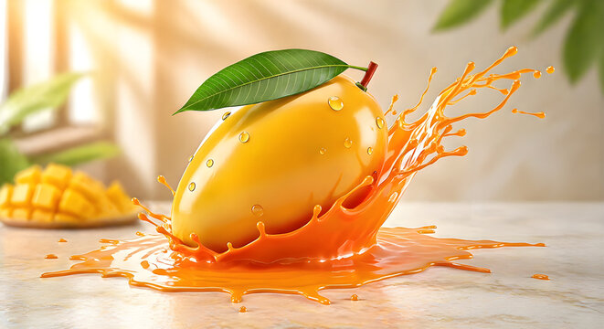 Fresh mango with juice splash on natural kitchen background