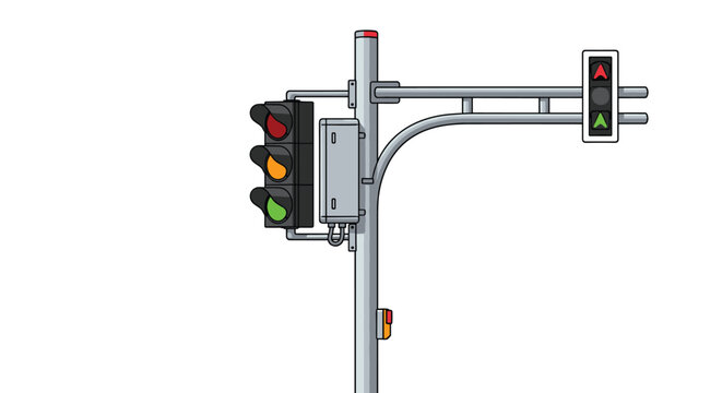 Detailed illustration of a traffic light pole with multiple signal heads including red amber and green lights for vehicles and pedestrians.
