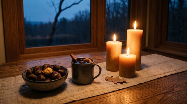 Cozy winter evening with mulled wine and roasted chestnuts