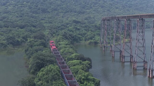 Aerial View of Train on Curved Railway Bridge in JSW Sandur Karnataka India