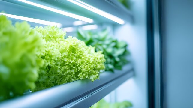 with white structural frames and advanced hydroponic systems growing fresh vegetables in a pristine environment