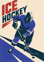 Obraz premium 081-26-Ice hockey player in action with stick and puck on vintage graphic poster