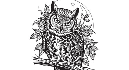 Obraz premium Owl illustration, black and white, vector, wildlife, nocturnal bird, tree branch