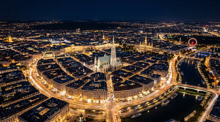 Aerial view of city scape at night in Vienna, Austria.  © pinan