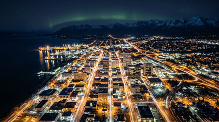 Aerial view of city scape at night in Anchorage, Alaska, USA  © pinan