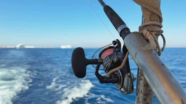 Close up fishing reel on trolling rod on moving boat in the sea
