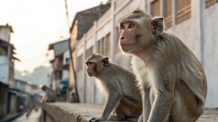Naklejka premium Troops of long-tailed macaques living in urban areas, Lopburi, Thailand. 