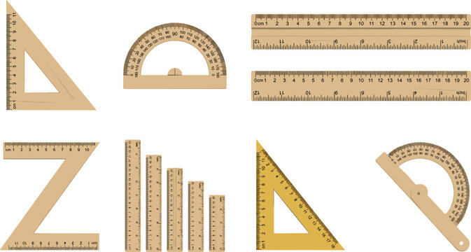 A Collection Of Various Wooden Measuring Tools Rulers Protractors And Set Squares On A White Background