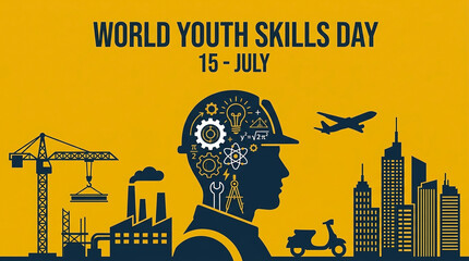 Obraz premium Graphic illustration for World Youth Skills Day featuring industrial icons inside a human head silhouette