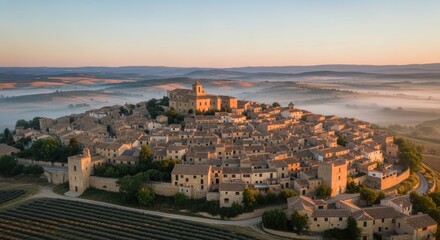 Fototapeta premium Tuscan Village Sunrise Foggy Landscape Aerial