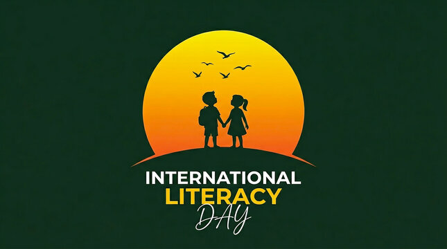 A silhouette of two young children holding hands in front of a golden sun for International Literacy Day