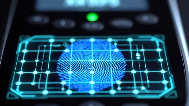 A finger scanning a glowing blue fingerprint on a futuristic biometric device