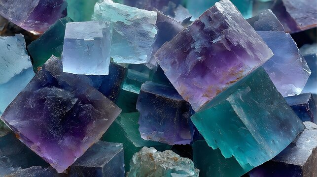 Group of natural raw fluorite crystal cubes with purple and green hues.