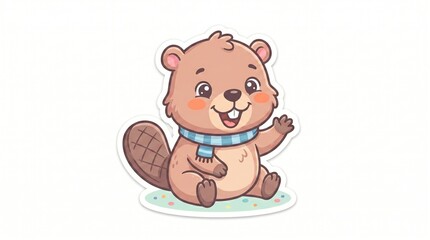 Fototapeta premium Cute cartoon beaver wearing a blue scarf, waving happily with a friendly smile, isolated on white background, adorable woodland creature illustration