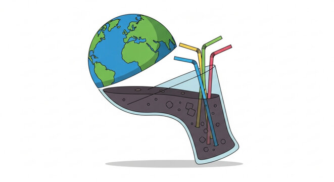 Earth as a glass of soda with straws concept of environmental pollution and resource depletion isolated on white