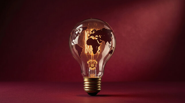 A glowing incandescent light bulb featuring a detailed world map silhouette inside on a dark red background